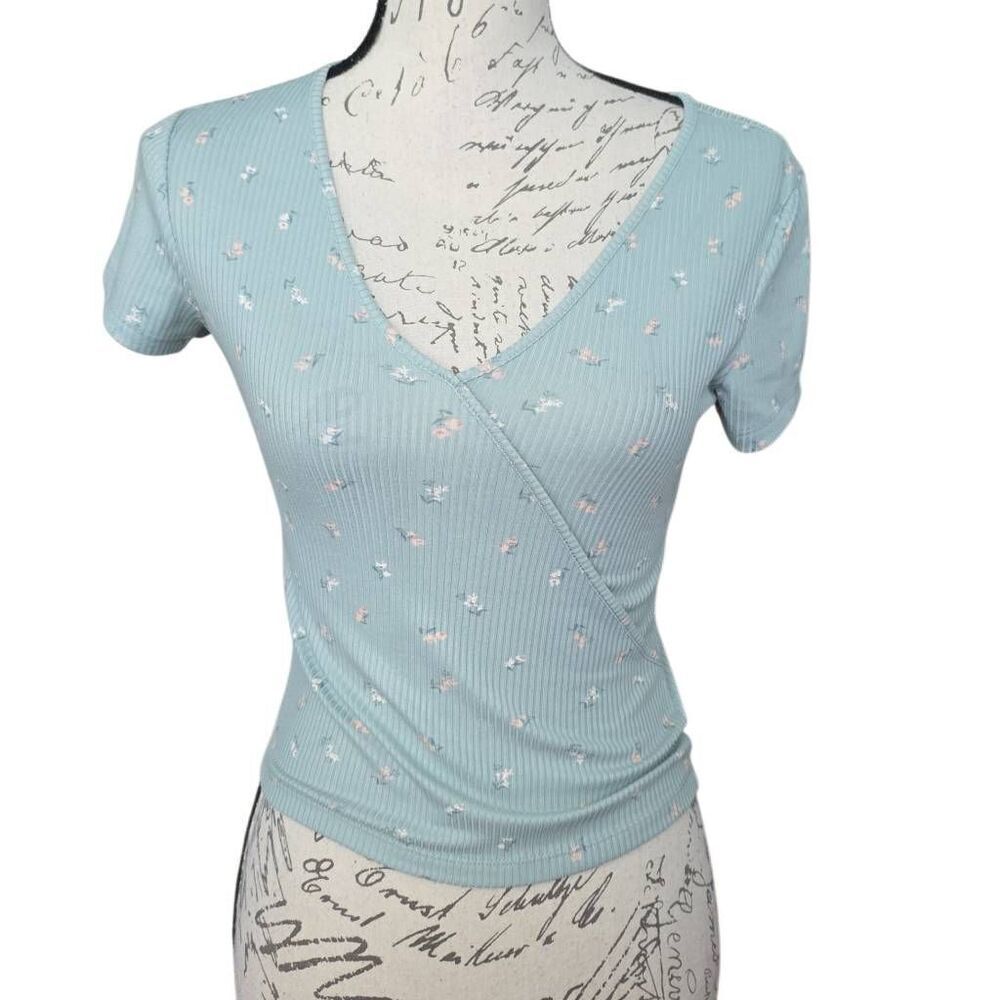 Pink Rose Women's Size Small Blue Floral Print Soft Ribbed Wrap Style Crop Top